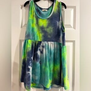 Easel Tie-Dye Sleeveless Peplum Tank Top - Blue & Neon Green